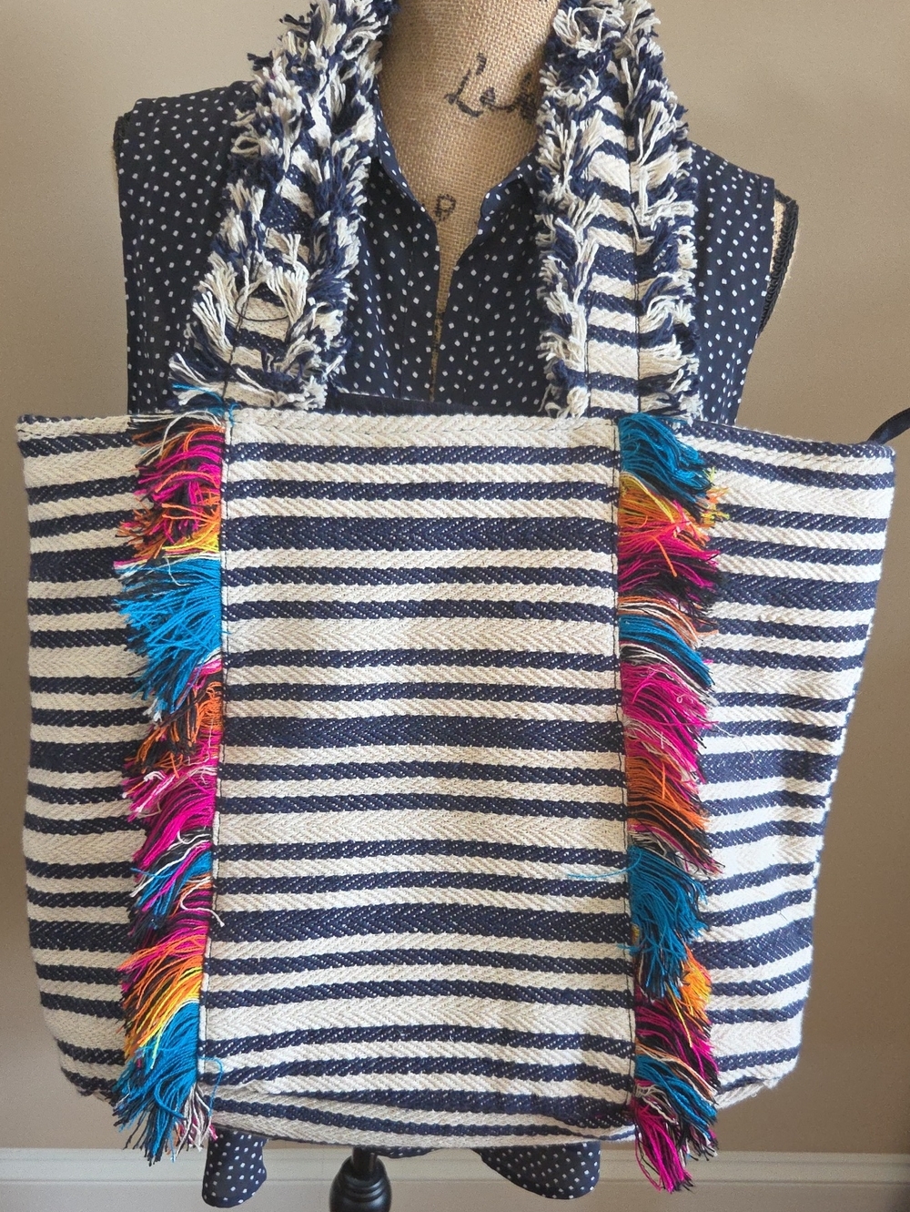 Magid Striped Navy & White Tote with Multicolor Fringe